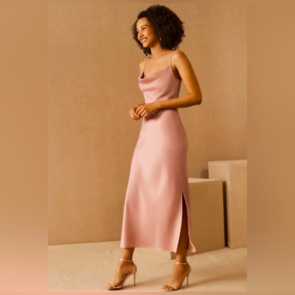 BHLDN Cali Satin Cowl-Neck Midi Slip Dress - Dusty Rose